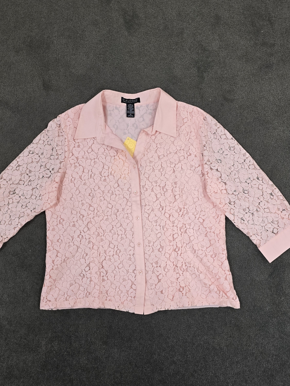 Dialogue Women's Pink Floral Lace Button Front Blouse XL 3/4 Sleeve Cottagecore